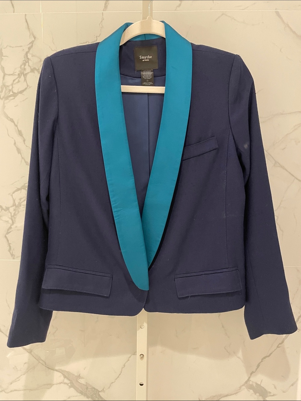 Smythe Cropped Navy Blazer with Teal Shawl Lapel